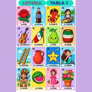 Puede incluir: Un tablero de juego Loteria Tabla 1 con dieciséis cuadrados ilustrados a color con números y texto en español. Las imágenes incluyen una rosa, botella, diablito, chalupa, violonchelo, bandera, pera, barril, escalera, cantarito, estrella, sirena, apache, sandía, dama y maceta.