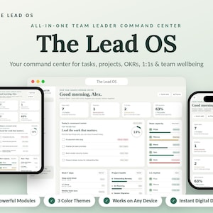 Könnte beinhalten: Die Lead OS All-in-One-Softwareoberfläche für Teamleiter, dargestellt auf einem Desktop-Monitor, Tablet und Smartphone. Das Dashboard enthält Aufgabenlisten, Projektstatus-Tracker, OKR-Fortschritte und Kennzahlen zum Teamwohlbefinden.