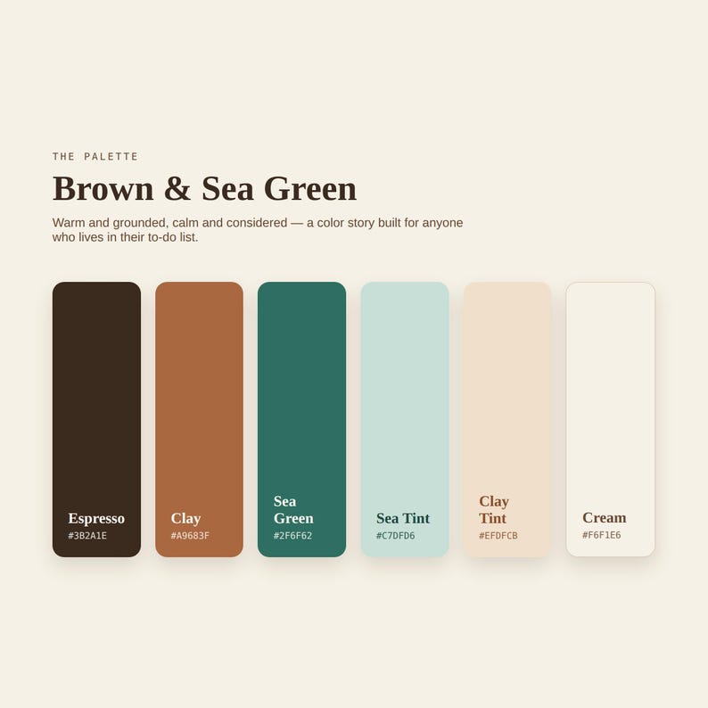 Color palette display showing six vertical swatches named espresso, clay, sea green, sea tint, clay tint, and cream with their hex codes.