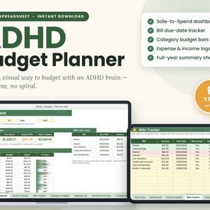 Monthly Budget ADHD Tracker Template, Google Sheets Dashboard with Safe-to-Spend Planner