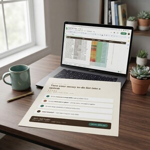 Designer Task Tracker Spreadsheet, Weekly Planner, Priority To Do List (Google Sheets Excel) shown in a professional product listing photo