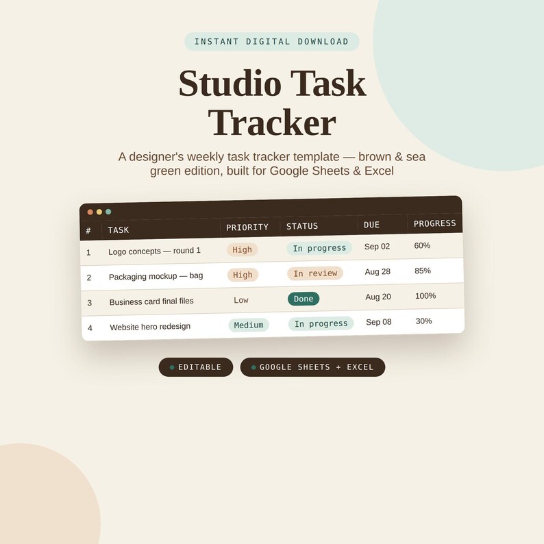 Main product showcase featuring the Studio Task Tracker spreadsheet sample with columns for task, priority, status, due date, and progress.