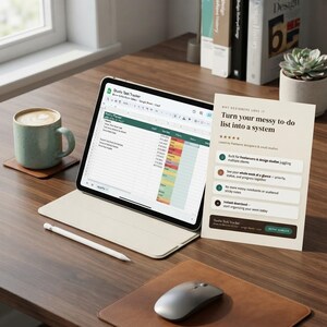 Designer Task Tracker Spreadsheet, Weekly Planner, Priority To Do List (Google Sheets Excel) shown in a professional product listing photo