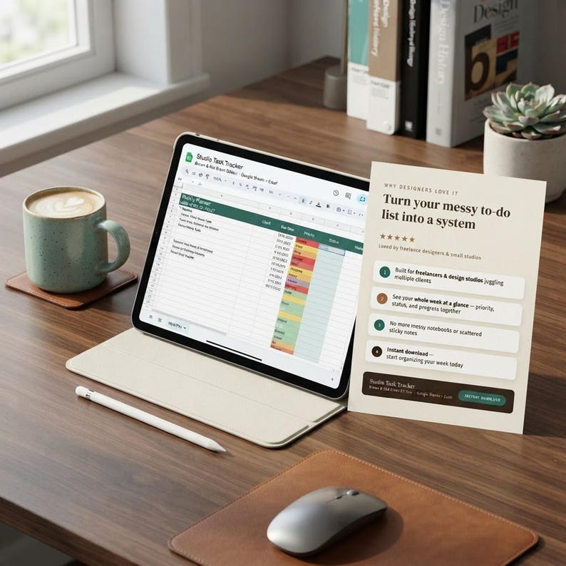 Designer Task Tracker Spreadsheet, Weekly Planner, Priority To Do List (Google Sheets Excel) shown in a professional product listing photo