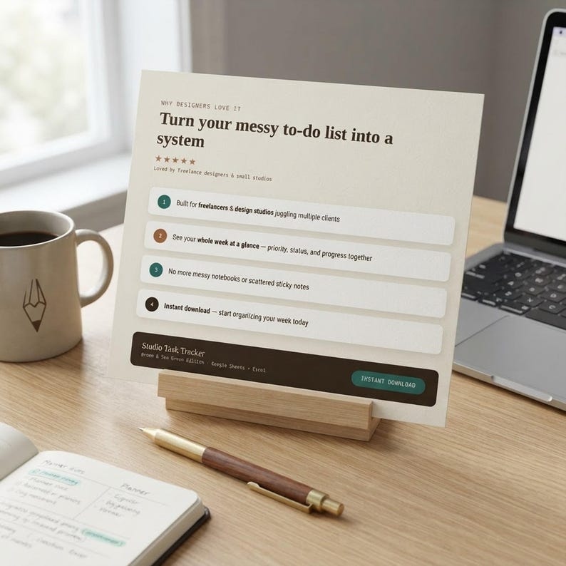 Designer Task Tracker Spreadsheet, Weekly Planner, Priority To Do List (Google Sheets Excel) shown in a professional product listing photo