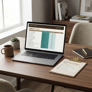 Designer Task Tracker Spreadsheet, Weekly Planner, Priority To Do List (Google Sheets Excel) shown in a professional product listing photo