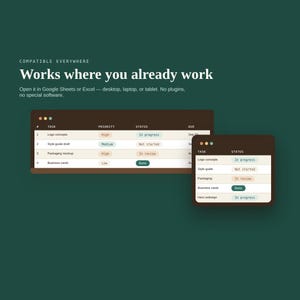 Product showcase displaying two overlapping task tracker spreadsheet windows against a dark green background.