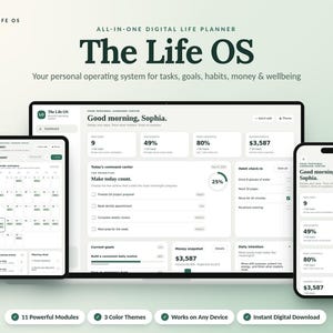 Peut inclure: Un planificateur de vie numérique intitulé The Life OS affiché sur un ordinateur portable, une tablette et un smartphone. L'interface présente un tableau de bord avec des listes de tâches, des objectifs, des finances et des suivis d'habitudes.