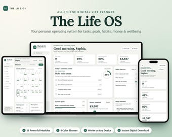 Puede incluir: Un planificador de vida digital titulado The Life OS mostrado en una computadora portátil, una tableta y un teléfono inteligente. La interfaz presenta un panel con listas de tareas, porcentajes de objetivos, finanzas y seguimiento de hábitos.