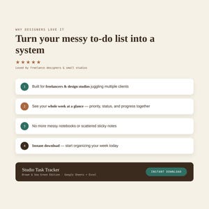 Informational graphic detailing benefits of the studio task tracker with four feature list rows on a beige background.