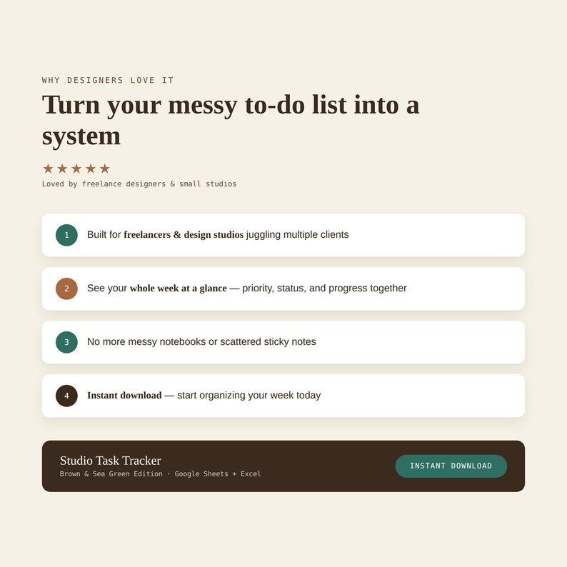Informational graphic detailing benefits of the studio task tracker with four feature list rows on a beige background.