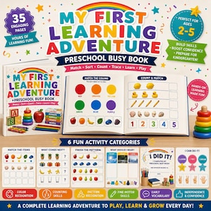 Puede incluir: Un libro de actividades preescolar My First Learning Adventure con 35 páginas de ejercicios educativos que incluyen emparejar colores, contar y reconocer patrones, con ilustraciones coloridas de frutas, formas y números.
