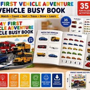 Puede incluir: Un libro de actividades My First Vehicle Adventure Vehicle Busy Book con 35 actividades para edades de 2 a 4 años. El libro presenta ilustraciones coloridas de un camión de bomberos, camión volquete, autobús escolar y avión para emparejar y contar.