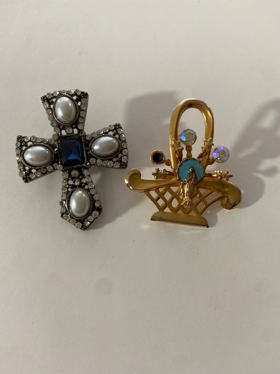 2 religious pin brooches, cross, Miraculous Mary - image 1
