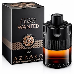 May include: A black rectangular box and a cylindrical glass bottle of Azzaro The Most Wanted Parfum. The box features the text Azzaro The Most Wanted and a circular emblem. The bottle has a black cap resembling a revolver cylinder and 3.38 fl. oz.