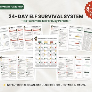 May include: A 24-day elf survival system kit for parents, featuring an 8-in-1 complete system with a master calendar, pantry checklist, emergency backup cards, setup instruction cards, and a tracker. This digital download is in US letter PDF format.