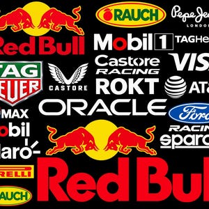 May include: A black background featuring a collection of white, red, and yellow logos including Red Bull, Mobil 1, TAG Heuer, Castore, Oracle, Ford, Pirelli, Rauch, Pepe Jeans, Visa, ROKT, AT&T, Claro, and Sparco, arranged in a collage format.