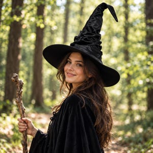 Peut inclure: Un chapeau pointu noir avec un large bord et une haute couronne froncée en tissu sombre et lisse. Le chapeau présente une section supérieure affaissée et une base structurée, accompagné d'une cape en velours noir assortie et d'un bâton en bois.