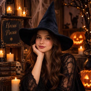 May include: A black velvet witch hat with a tall, pointed crown and a wide, slightly curved brim. The hat features a soft, textured fabric surface and a structured conical shape that tapers to a point at the top, designed for costume wear.