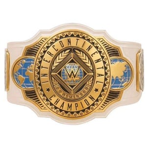 May include: A gold and white championship belt featuring a central circular plate with the text INTERCONTINENTAL CHAMPION and WOMEN'S. The design includes a globe graphic, wheat stalks, and blue world map accents on the side panels.