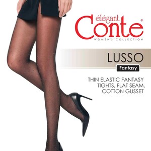 May include: Sheer black tights featuring a subtle diamond pattern with small dots at the intersections. The packaging text reads Conte Lusso Fantasy, thin elastic fantasy tights, flat seam, cotton gusset, and includes a Lycra logo.