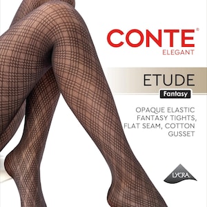 May include: Black tights featuring a dark, intersecting plaid pattern. The text on the packaging reads CONTE ELEGANT, ETUDE Fantasy, OPAQUE ELASTIC FANTASY TIGHTS, FLAT SEAM, COTTON GUSSET, and LYCRA. The hosiery has a sheer, textured appearance.
