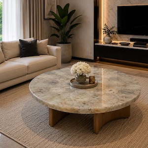 May include: A round coffee table featuring a polished, light-coloured stone top with natural veining and a thick, circular edge. The table is supported by a sturdy, dark wooden base with curved legs, positioned centrally in a living room space.