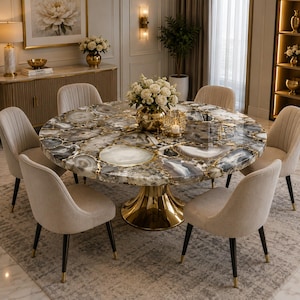 Op de afbeelding: Een ronde eettafel met een tafelblad van gepolijste grijze en witte agaatplakken met goudkleurige randen, ondersteund door een brede, glanzend goudkleurige voet, omringd door zes beige gestoffeerde stoelen met donkerhouten poten.