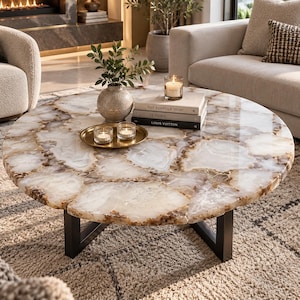 Table basse en agate naturelle | Plateau en pierre d'agate fait main | Table basse de luxe en pierre précieuse | Meuble de salon unique | Table design sur mesure