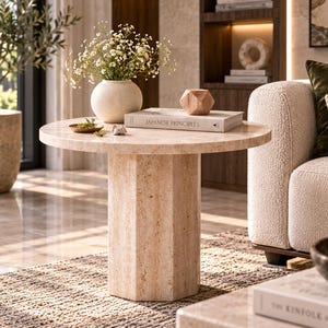 Mesa lateral de mármore com pedestal de luxo | Mesa de destaque artesanal em pedra natural | Mesa de apoio redonda elegante | Mobiliário moderno para sala de estar e quarto