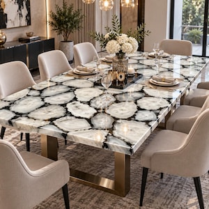 Luxury White Agate Dining Tabletop | Handmade Natural Agate Stone Slab | Elegant Round Dining Table Top | Custom Luxury Furniture & Home