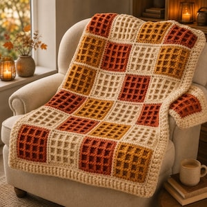 May include: A crochet blanket featuring a waffle stitch pattern in a grid of alternating cream, burnt orange, and mustard yellow squares. The blanket has a thick, textured border in cream yarn, showcasing a repeating square block design.