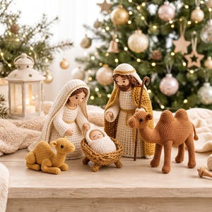 Conjunto de padrões de crochê para o Presépio, Maria, José, Menino Jesus, Manjedoura e Camelo, Natal (PDF)