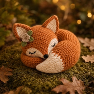 Pode incluir: Uma estatueta de raposa em crochê numa posição de sono enrolada. A raposa é principalmente laranja com peito, focinho e ponta da cauda brancos. Apresenta olhos fechados com pestanas pretas bordadas, um pequeno nariz preto e uma flor decorativa bege clara com folhas verdes presa a uma orelha.