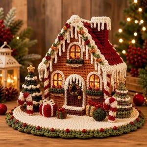 May include: A crocheted gingerbread house with a dark red roof, white icing trim, and light-up windows. The house sits on a round white base with a green border, surrounded by two small crocheted Christmas trees, candy canes, and gift boxes.
