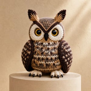 Può includere: Una statuetta di gufo lavorata all'uncinetto a mano con un motivo testurizzato nei toni del marrone, beige e crema. Il gufo ha grandi occhi gialli lucidi con pupille nere, un piccolo becco nero, ciuffi auricolari appuntiti e zampe chiare.
