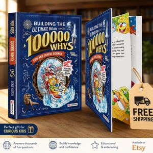 May include: A hardcover book titled Building the Ultimate Brain 100000 Whys Fun and Joyful Science by Doris Walton. The dark blue cover features a rocket, a dinosaur, and cartoon characters in a roller coaster. The book is displayed with an open page.
