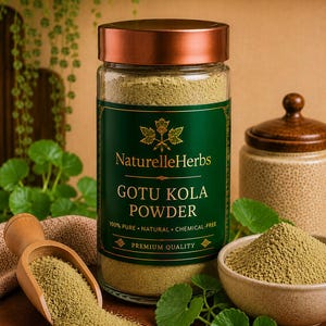 May include: A clear glass jar filled with light green Gotu Kola powder, featuring a dark green label with gold text reading NaturelleHerbs Gotu Kola Powder. The jar has a copper-colored lid and sits beside a wooden scoop and a small bowl.