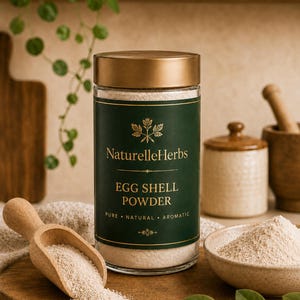May include: A clear glass jar with a gold lid containing egg shell powder. The dark green label features gold text reading NaturelleHerbs EGG SHELL POWDER PURE NATURAL AROMATIC. A wooden scoop with powder sits beside the jar on a wooden board.