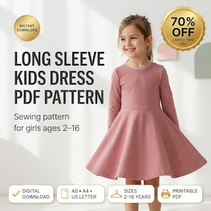 Kids Long Sleeve Dress Sewing Pattern | Girls Sizes 2-16 (Digital Download)