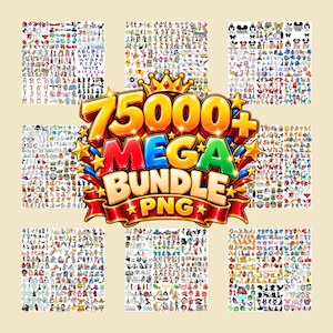 May include: A digital graphic collection featuring a large central title that reads 75000+ MEGA BUNDLE PNG in bold, colorful, 3D-style lettering. Surrounding the text are eight grid panels filled with numerous small, colorful cartoon character illustrations.