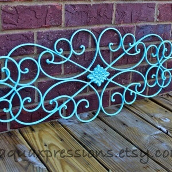 Aqua Metal Wall Fixture /Distressed Patio Decor /Painted Bright /Outdoor Up Cycled Iron Art /Ornate Design