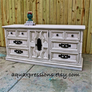 Heirloom White Vintage Dresser/ Buffet/ Bedroom Furniture/ Distressed /Vintage Drawer Pulls/ TV Stand/ Storage/ Dining Room Furniture