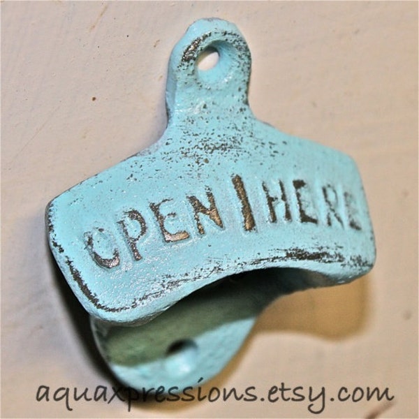 Aqua Blue Bottle Opener /Cast Iron /Vintage, Retro Feel /Kitchen, Man-cave, Game Room, Patio, Hangout /Metal Wall Decor