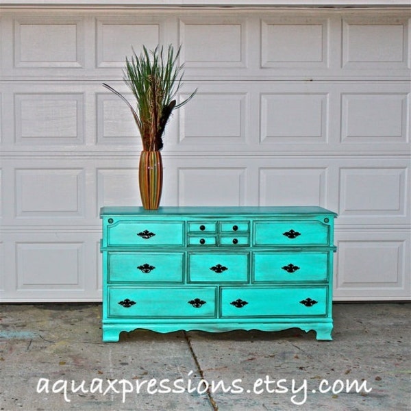 Bayside Blue Vintage Dresser /Dark Glaze /Black Drawer Pulls /Bedroom Furniture/ Dresser/ TV Stand/ Storage/ Distressed
