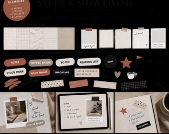 以下が含まれることがあります： Study & Slow Livingというタイトルのデジタルスクラップブックキット。5枚の背景紙、5つのフレーム、15枚のステッカーとラベルを含む25の要素で構成されています。ニュートラルな色調、グリッドパターン、Notes、To Do、Reading Listなどのテキストが特徴です。