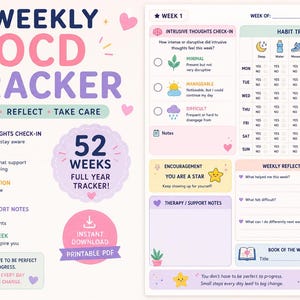 May include: A Weekly OCD Tracker printable PDF planner page featuring sections for an intrusive thoughts check-in, a daily habit tracker, weekly reflection questions, therapy notes, and a book of the week log, decorated with pastel icons and text.