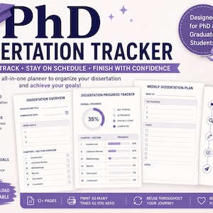 Puede incluir: Un planificador de seguimiento de tesis doctoral con texto y gráficos en color morado. El diseño incluye secciones para resumen de tesis, seguimiento de progreso, plan semanal y cronograma, con casillas de verificación, barras y listas.