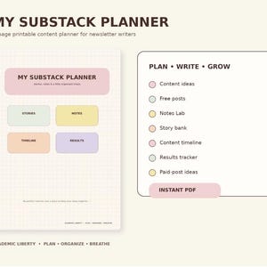 以下が含まれることがあります： ニュースレターライター向けの8ページの印刷可能なMy Substackプランナー。グリッド背景にStories、Notes、Timeline、Resultsとラベル付けされたパステルカラーのボックスが配置されています。チェックリストにはPlan、Write、Grow、Instant PDFのテキストが含まれています。