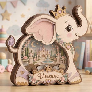 May include: A wooden elephant-shaped piggy bank with a clear front panel displaying a miniature castle scene. The elephant is light wood with pink accents, a crown, and the name Vivienne engraved on a decorative plaque at the base.